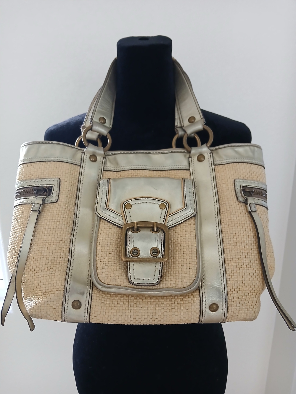 Vintage Y2K Coach Legacy 113 Straw & Metallic Leather Trim Tote